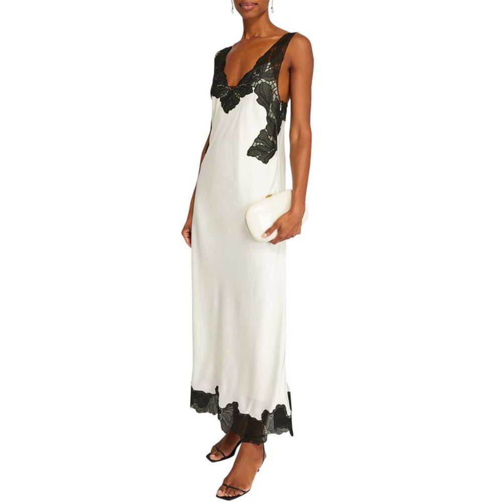 Simkhai Womens Gwynn Lace Trim Satin Midi Dress 2 Ivory/Black - NWT $795